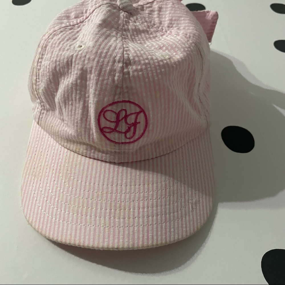 Pink seersucker Lauren James hat with adjustable tie in the back